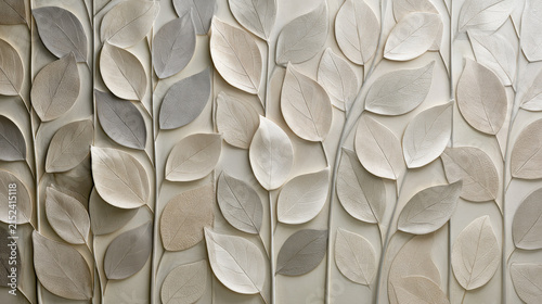 3D bas-relief botanical wall panel with plaster leaves and golden accents. Elegant neutral floral background pattern