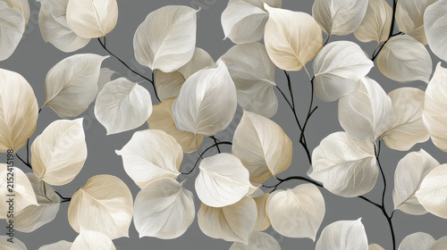 Seamless botanical pattern with elegant white and beige skeleton leaves on grey background. Luxury textile and wallpaper design