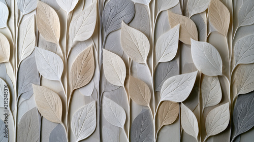 3D bas-relief botanical wall panel with plaster leaves and golden accents. Elegant neutral floral background pattern