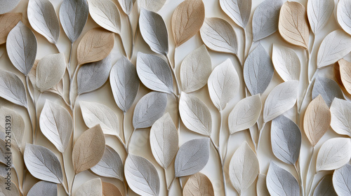 3D bas-relief botanical wall panel with plaster leaves and golden accents. Elegant neutral floral background pattern