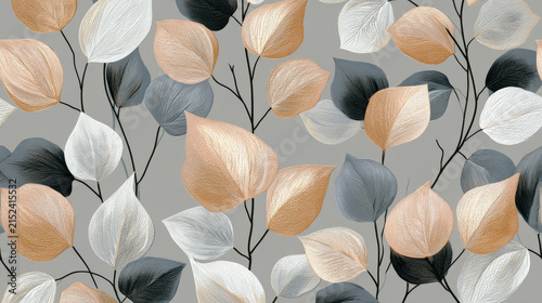 Seamless botanical pattern with elegant white and beige skeleton leaves on grey background. Luxury textile and wallpaper design