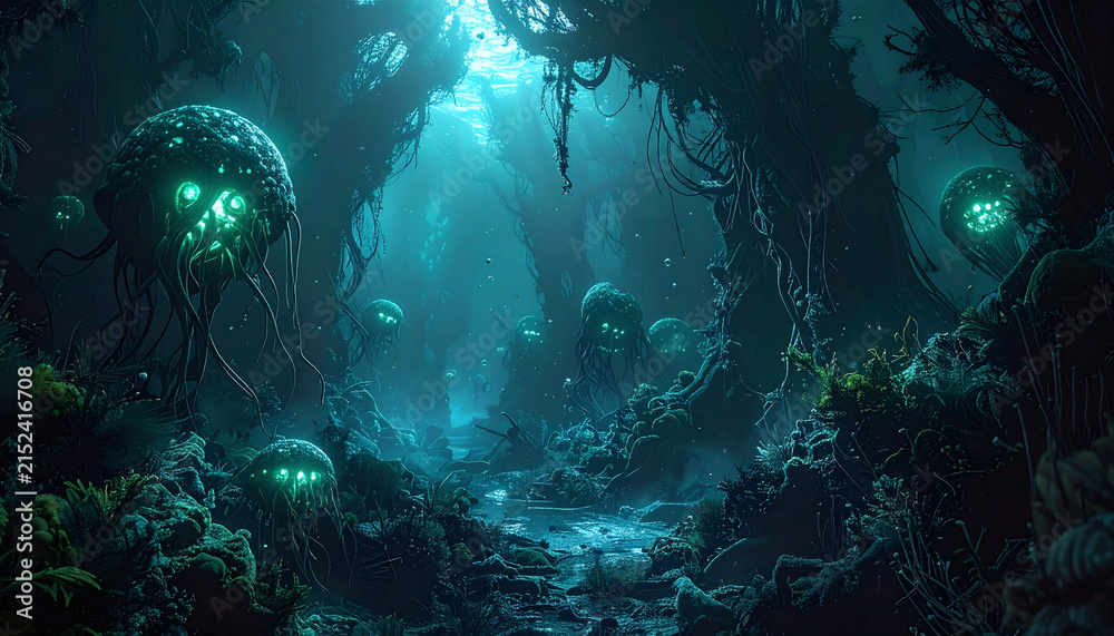 Obraz premium Mysterious bioluminescent alien creatures float through a dark underwater forest in this surreal scifi landscape, evoking wonder and mystery. Nobody is in this deep ocean scene.