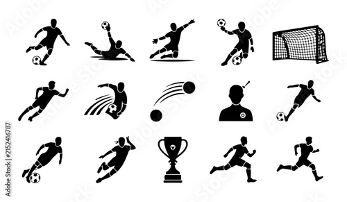 Принти на полотні Dynamic soccer athletes performing various game maneuvers and celebration poses silhouettes