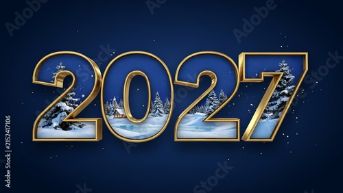 Three dimensional gold numbers 2027 with a winter snowy forest landscape inside on a dark blue background