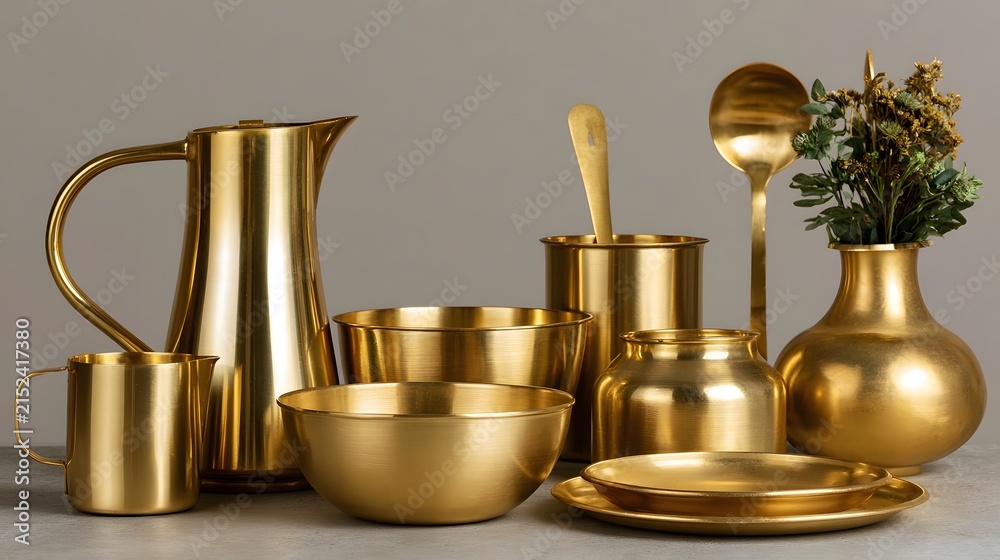 Fototapeta premium A set of golden metallic kitchenware including pitcher bowls plates and utensils arranged neatly on a gray surface