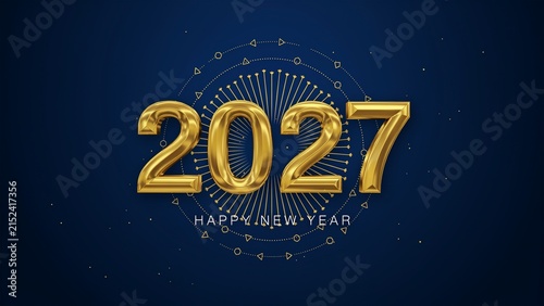 Gold metallic 2027 numbers on a dark blue background with abstract circular light patterns for new year celebration