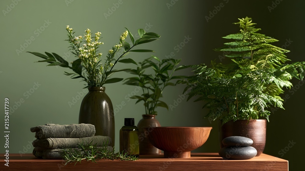 Fototapeta premium A serene spa arrangement featuring green plants wooden bowl folded towels and smooth stones on a warm toned surface