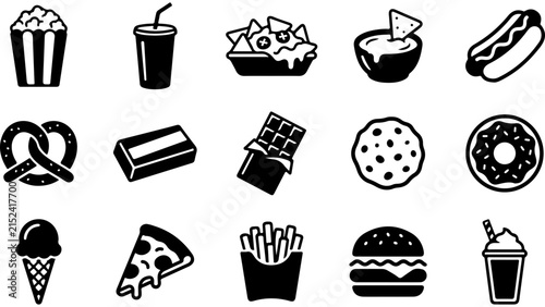 Set of black and white fast food and snack icons featuring popcorn burger pizza and sweet treats