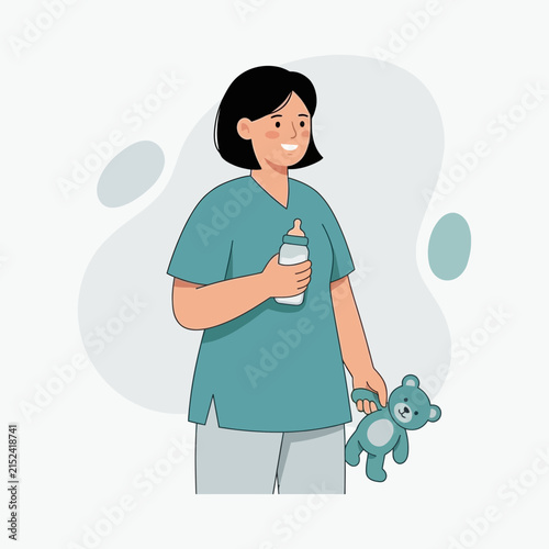 Nanny character holding baby bottle and teddy bear.