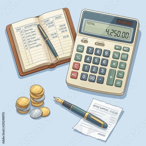 Personal finance budget planning with calculator and ledger.