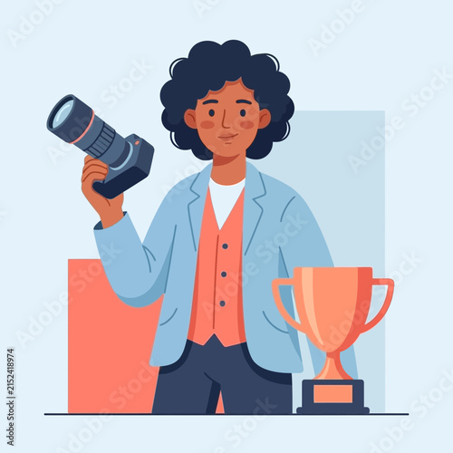Professional female photographer celebrating success with a trophy.