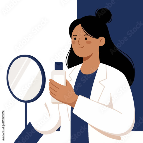 Scientist woman holding cosmetic product bottle near circular mirror.