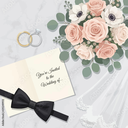 Wedding invitation with floral bouquet and gold rings