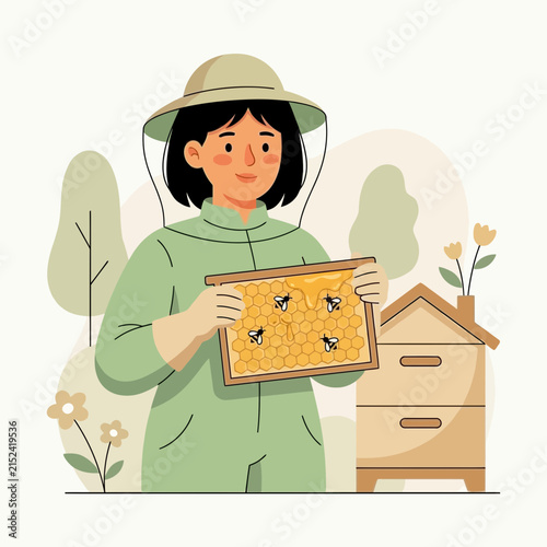 Woman beekeeper holding honeycomb frame in light green outfit.
