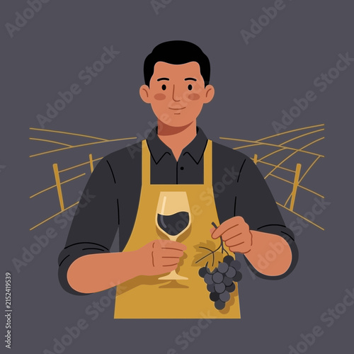 Winemaker in yellow apron holding white wine.