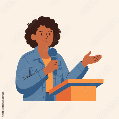 Woman giving speech at podium with microphone.