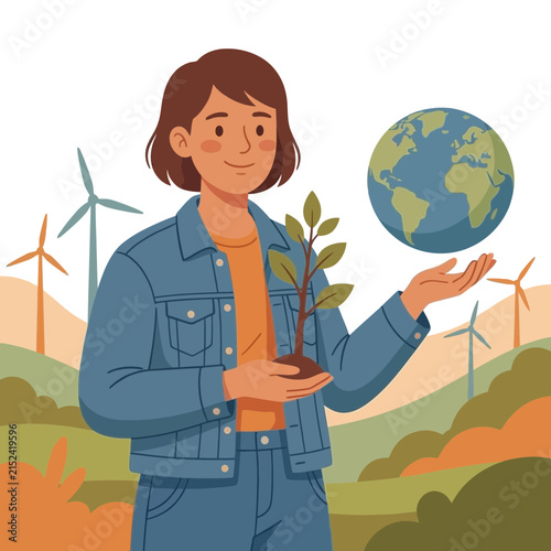 Woman holding sapling globe with wind turbines