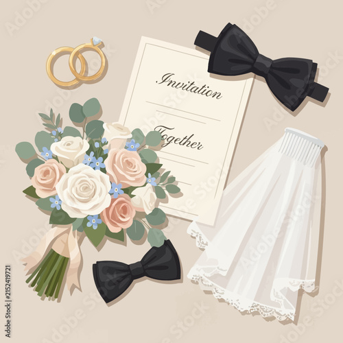 Bridal flat lay composition with bouquet rings and stationery.
