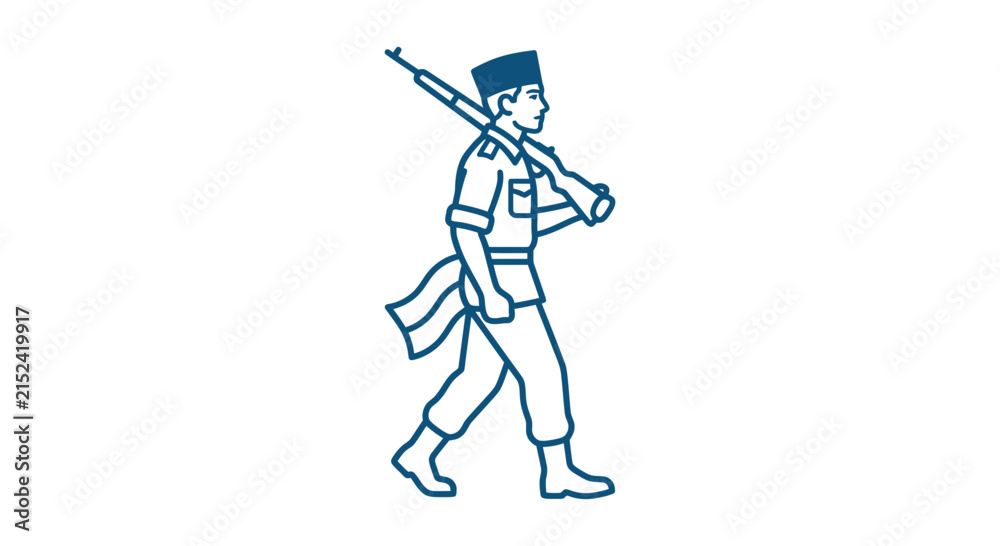 Obraz premium A minimalist line art illustration of a soldier walking with a rifle