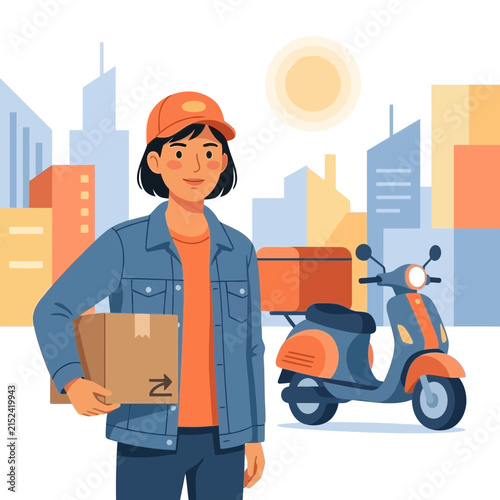 Courier holding box with scooter in city.