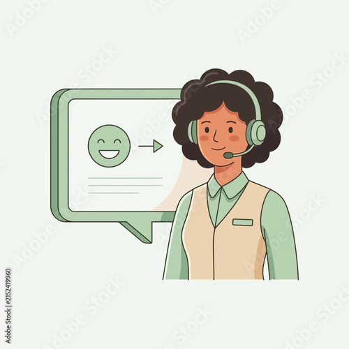 Customer support agent wearing headset with feedback icon.