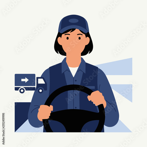 Delivery driver holding steering wheel with transport background.