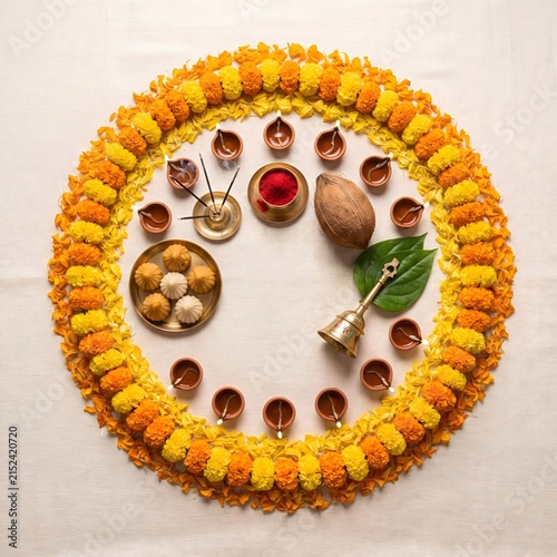 Ganesh chaturthi worship setup with modak sweets flowers and holy coconut.