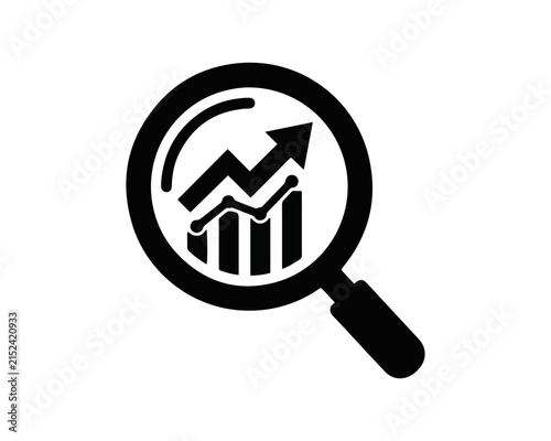 Magnifying glass analyzing financial data growth chart icon with magnifying