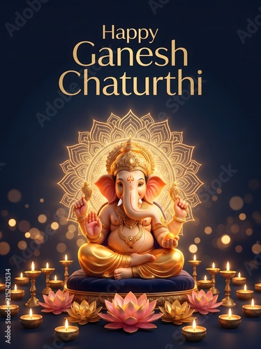 Happy ganesh chaturthi with ganesha surrounded by candles and lotus flowers.
