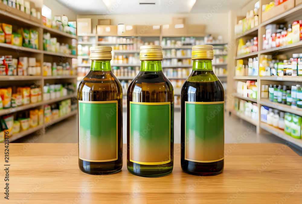 Fototapeta premium Three blank label bottles of olive oil on a wooden counter in a grocery store aisle with blurred shelves, the bottles feature green and gold labels, ready for custom branding