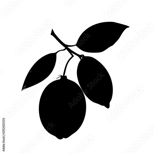 Fresh Lemon Fruit with Leaves Citrus Food Organic Black Vector Silhouette Icon Isolated on White Background
