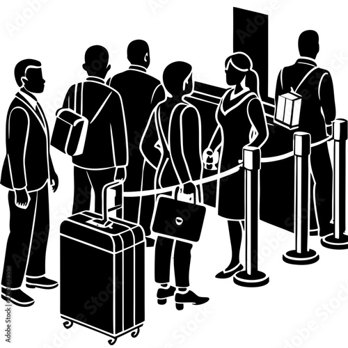 Travelers Queue Line at Airport Passport Control Customs Service Desk Counter Black Vector Silhouette Icon Isolated on White Background