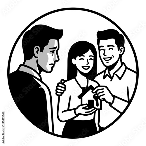 Couple receives keys to new home from happy agent while another man looks sad.
