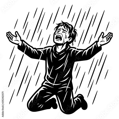 Crying boy in the rain pleading for help.