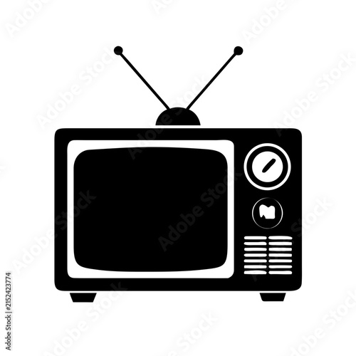 Vintage Retro Television TV Set with Antenna Media Screen Black Vector Silhouette Icon Isolated on White Background