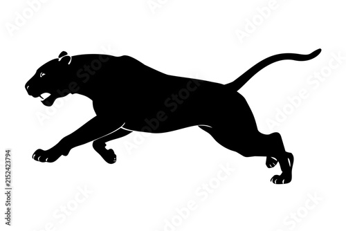 Pouncing Black Panther Leopard Jaguar Wild Cat Mascot Black Vector Silhouette Icon Isolated on White Background