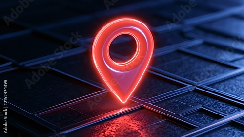 Glowing red location pin indicating position or destination on a dark, futuristic digital map, representing gps navigation, tracking, and travel technology