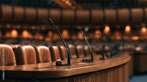 Gooseneck microphones in a empty plenary hall, for government, politics, lawmaking, and international relations, formal institutional setting concepts
