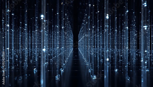Luminous optical fiber network array abstract digital infrastructure concept deep blue data transmission grid structure with perspective digital connectivity