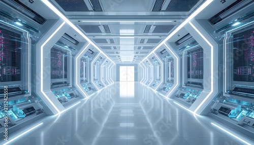 Futuristic corridor featuring glowing digital interfaces inside high tech optical computing laboratory research facility hallway with showcases symmetrical perspective