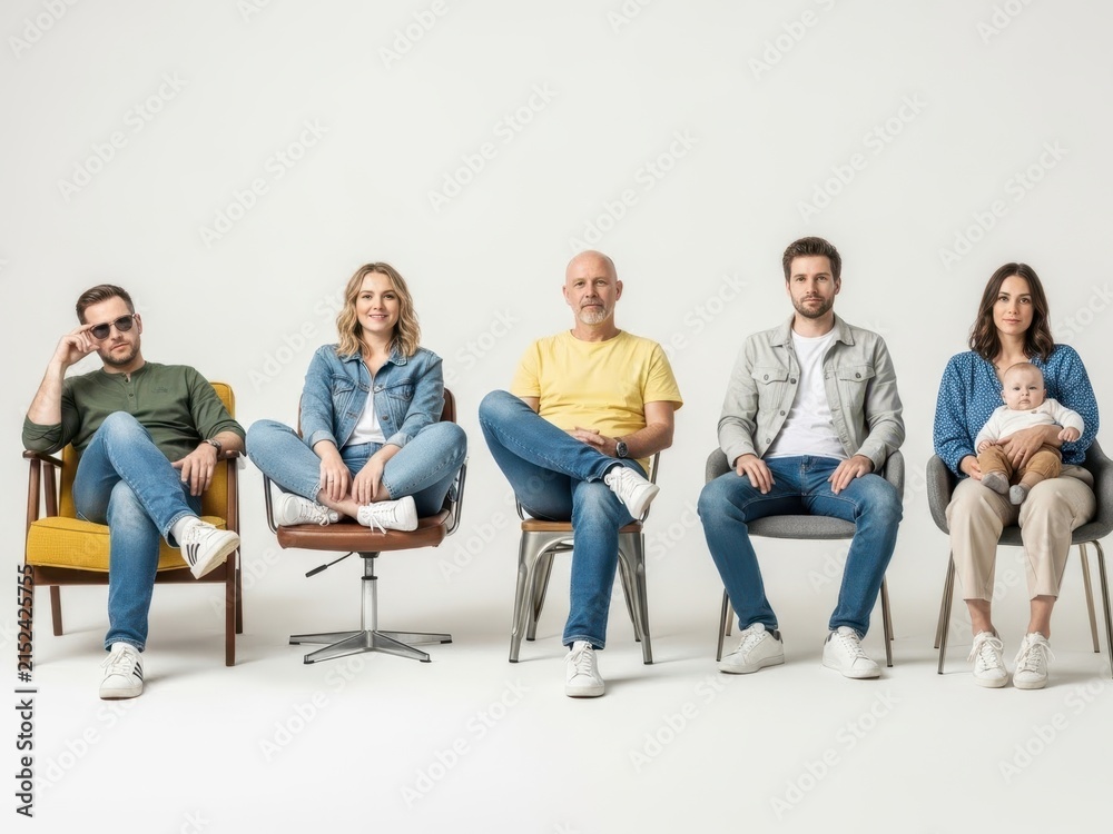 Obraz premium Group of diverse people sitting on different chairs in casual wear isolated on white background