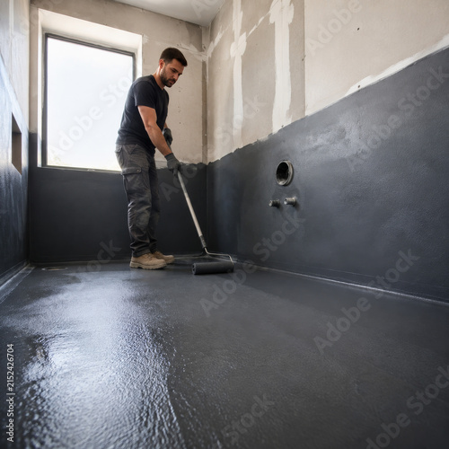 Trabajador aplica pintura en el suelo de una habitación en construcción mientras se prepara para finalizar el proyecto