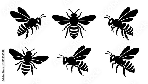 Принти на полотні Bee Silhouette Icon Set with Different Flying Poses in Black Vector Style for Ho