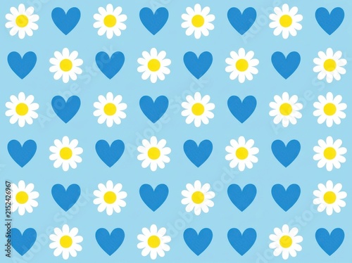Seamless pattern with blue hearts and white daisies on a light blue background