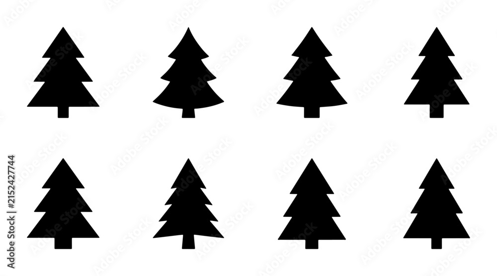 Obraz premium Eight Black Christmas Tree Icons, Simple Evergreen Vector Graphics, Winter Holiday Decorative Elements