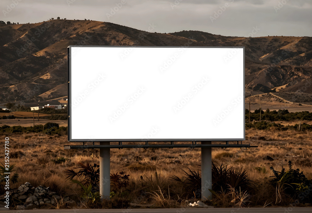 Obraz premium Blank outdoor billboard with white copy space for advertising on a rural road with dry hills in the background, the background features dry, rolling hills and a cloudy sky