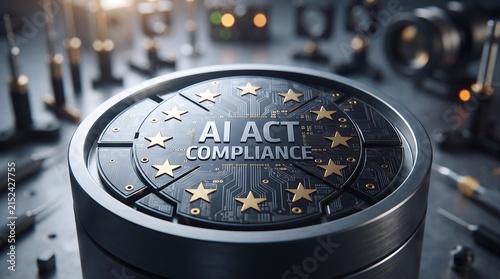 AI Act Compliance Microchip with EU Stars on Workbench
