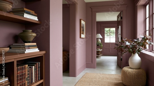 Elegant mauve hallway with walnut bookshelf in organic modern interior