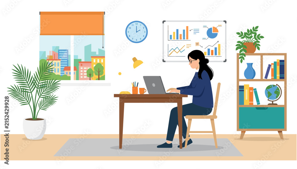 Fototapeta premium Business Woman Working on Laptop at Desk in Office Room with Data Analysis Board Bookshelf Window City View and Wall Clock