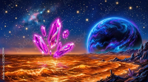 Crystals float above an orange ocean on a distant alien planet beneath a starry cosmos.